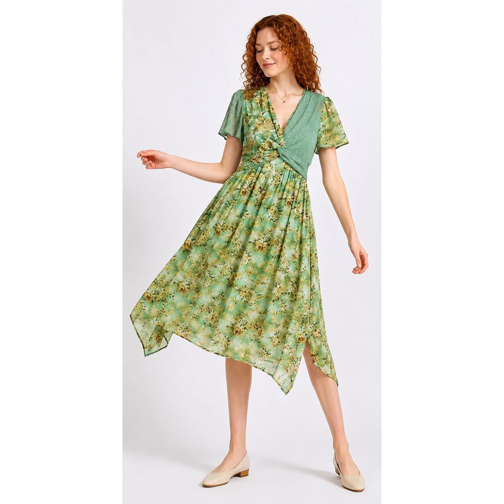 NWT GIGIO M 8 10 Green Floral Dot Twist Waist Asymmetrical Boho Chic Dress